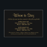 Tarjeta De Recepción El negro y el oro donde quedarse Boda alojamiento<br><div class="desc">Las tarjetas de alojamiento para bodas "Where to Stay" cuentan con fuentes de estilo moderno y texto personalizado que se pueden personalizar. Se puede personalizar el texto dorado y el fondo negro.</div>