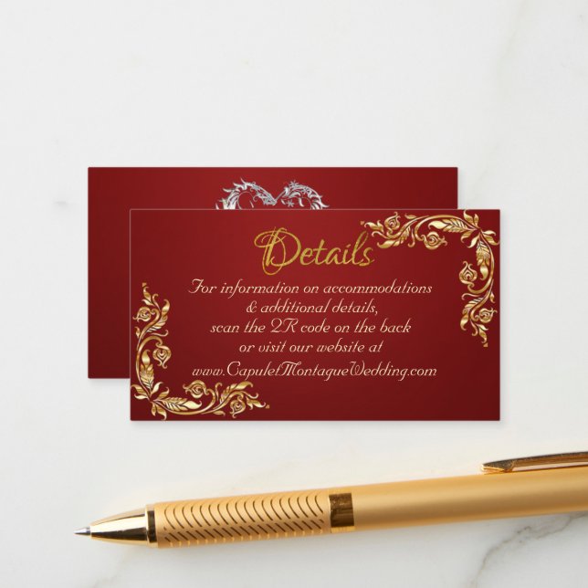 Tarjeta De Recepción El oro deja marco en rojo rubí, código QR (Anverso/Reverso In Situ)