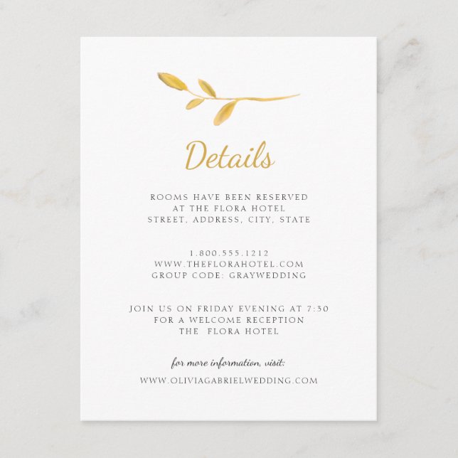 Tarjeta De Recepción El oro elegante deja detalles de Boda de escritura (Anverso)