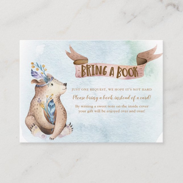 Tarjeta De Recepción El oso de boho acuarela trae Baby Shower un libro (Anverso)