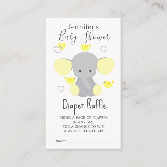 Tarjeta De Recepción Elefante amarillo Chica Baby Shower Diaper Raffle (Anverso)