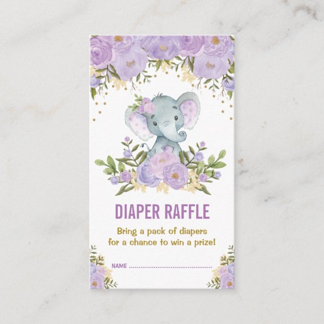 Tarjeta De Recepción Elefante Baby Shower Purple Floral Diaper Raffle (Anverso)