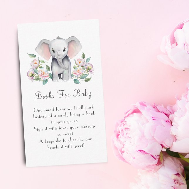 Tarjeta De Recepción Elefante Bebé Con Libros De Peonies Para El Bebé (Encourage a love for reading: Baby Elephant, Peonies & Books enclosure card.)