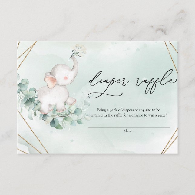 Tarjeta De Recepción Elefante bebé Eucalyptus verde Diper de oro Raffle (Anverso)