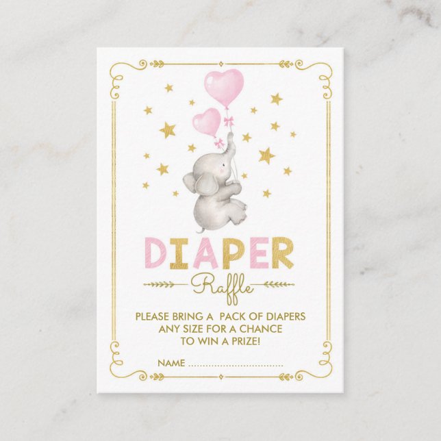 Tarjeta De Recepción Elefante Bebé Niña Diaper Raffle Estrellas de Oro  (Anverso)
