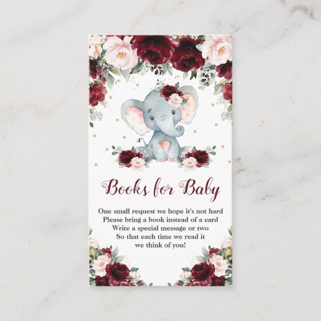 Tarjeta De Recepción Elefante Burgundy Rubor: Libros florales para bebé (Anverso)
