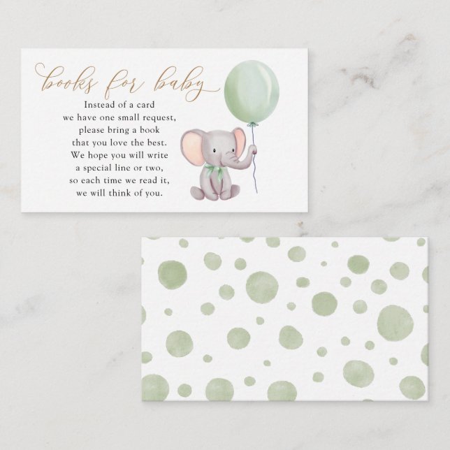 Tarjeta De Recepción Elefante con libros de globos verdes para bebé (Anverso / Reverso)
