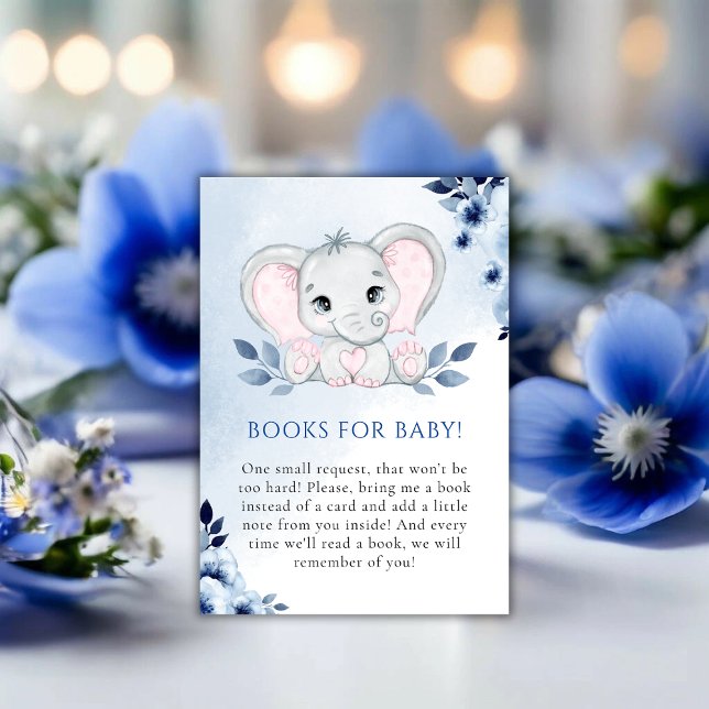 Tarjeta De Recepción Elefante con niños de los Anemones Azules (Elephant With Blue Anemones Boy Books for Baby Enclosure Card)