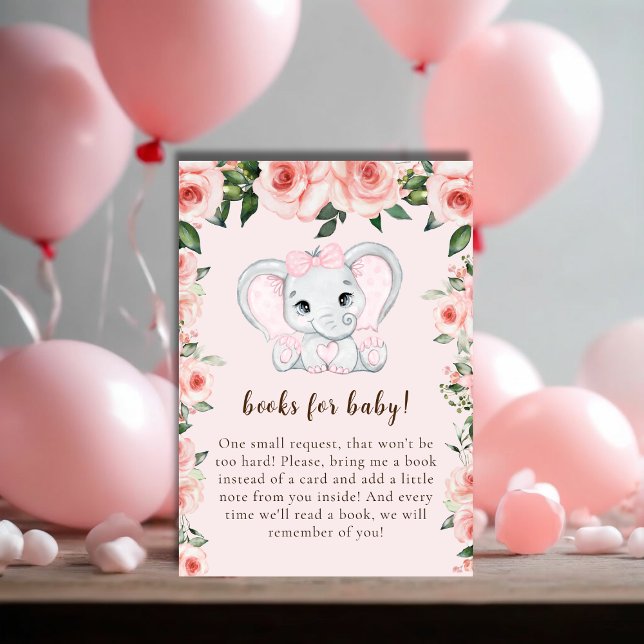 Tarjeta De Recepción Elefante cúbico Rubor Pink Floral Books para bebé (Cutie Elephant Blush Pink Floral Books for Baby Enclosure Card)