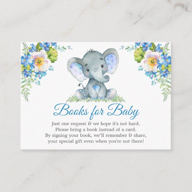 Tarjeta De Recepción Elefante Floral Azul Baby Shower Libros Para Bebés (Anverso)