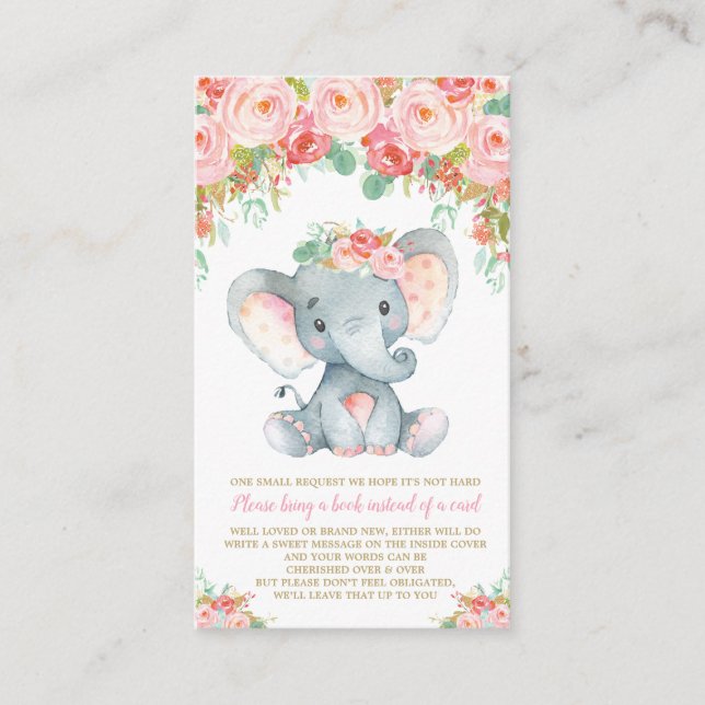 Tarjeta De Recepción Elefante floral Baby Shower trae un libro (Anverso)