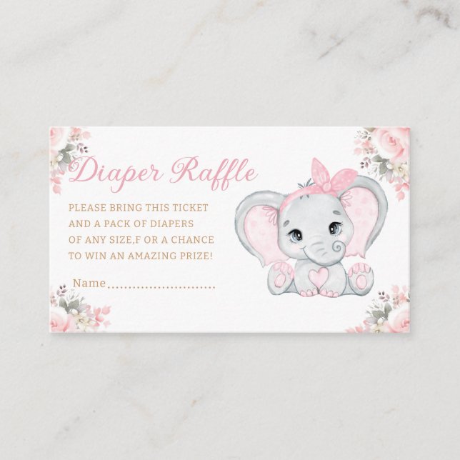 Tarjeta De Recepción elefante floral chica de ducha de bebé rifa de pañ (Anverso)