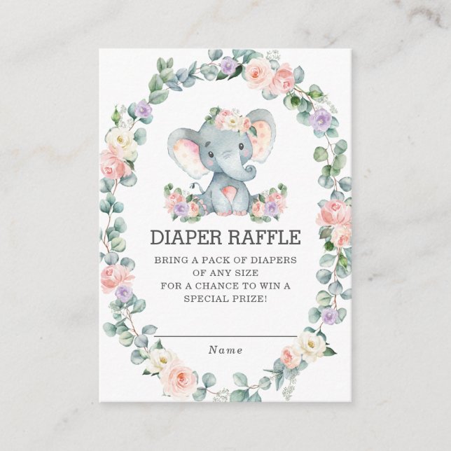 Tarjeta De Recepción Elefante Floral Eucalyptus Greenery Diaper Raffle (Anverso)