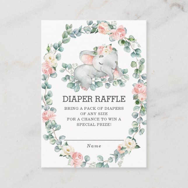 Tarjeta De Recepción Elefante Floral Eucalyptus Greenery Diaper Raffle (Anverso)