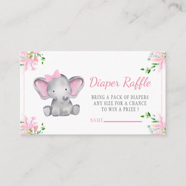 Tarjeta De Recepción Elefante floral rosa Baby Shower Diaper Raffle (Anverso)