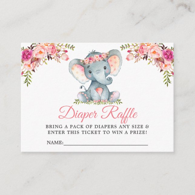 Tarjeta De Recepción Elefante Floral rosa Baby Shower Diaper Raffle (Anverso)