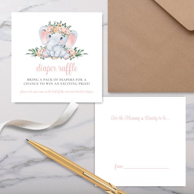 Tarjeta De Recepción Elefante floral rosa Baby Shower Diaper Raffle (Pink Floral Greenery Cute Elephant Baby Shower Diaper Raffle Card Inserts)