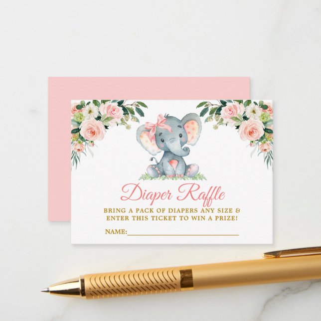 Tarjeta De Recepción Elefante Floral Rosa Bow Diaper Raffle Ducha (Anverso/Reverso In Situ)