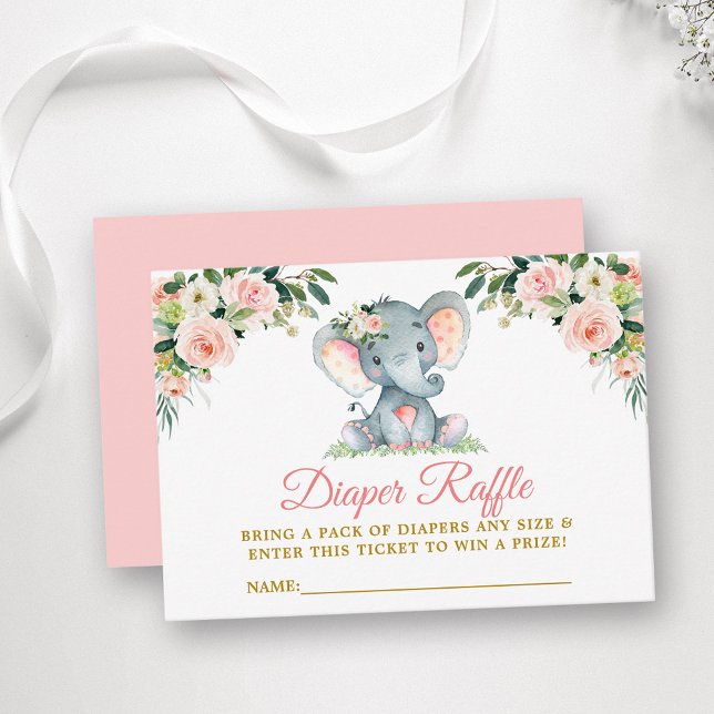 Tarjeta De Recepción Elefante Floral Rosa Diaper Raffle Baby Shower (Customize to change text color, style, text size or color of back of card.)