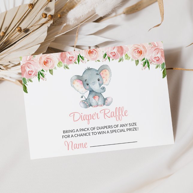 Tarjeta De Recepción Elefante, Flores de acuarela rosada, Raffle de pañ (Subido por el creador)