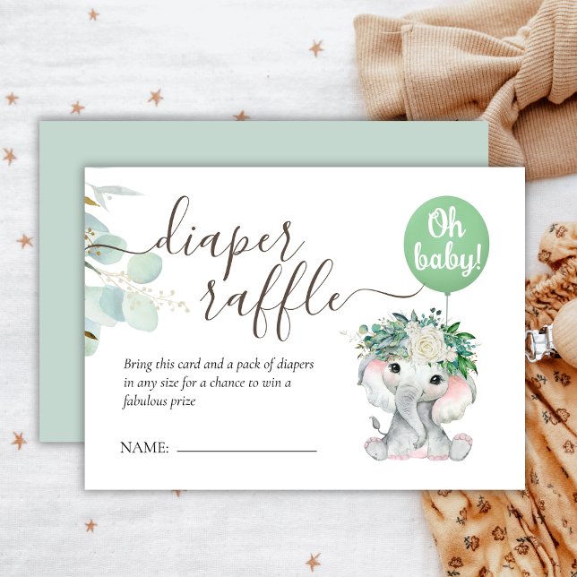 Tarjeta De Recepción Elefante Globo Verde Baby Shower Diaper Raffle (Subido por el creador)