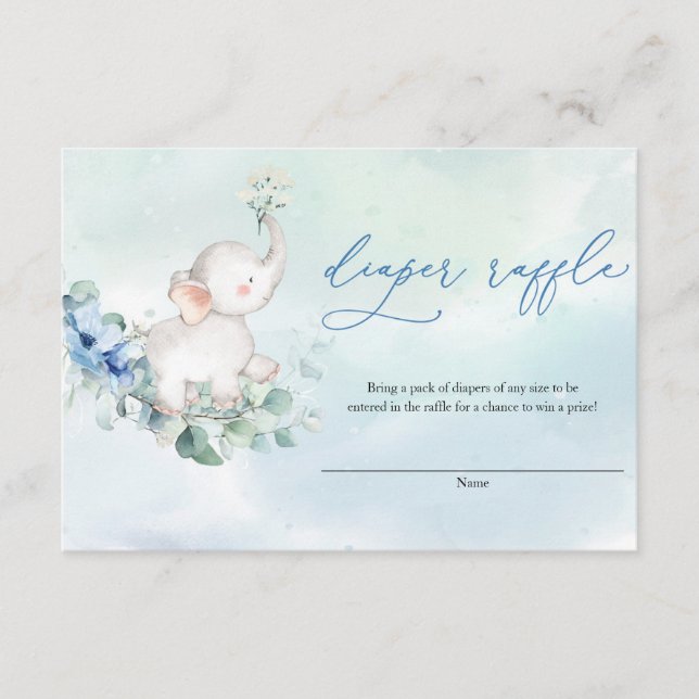Tarjeta De Recepción Elefante lindo bebé Dusty Blue Floral Diaper Raffl (Anverso)