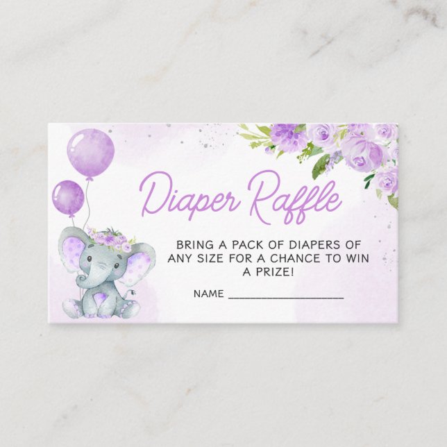 Tarjeta De Recepción Elefante morado Baby Shower Diaper Raffle (Anverso)