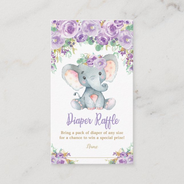 Tarjeta De Recepción Elefante morado Baby Shower Diaper Raffle (Anverso)