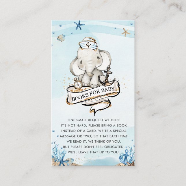 Tarjeta De Recepción Elefante niño náutico Baby Shower trae un libro (Anverso)