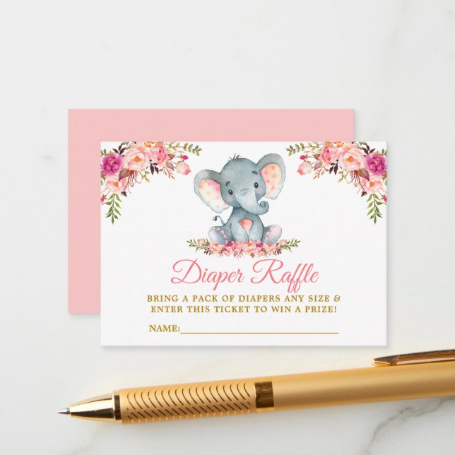 Tarjeta De Recepción Elefante Pink Floral Diaper Raffle Shower Gold (Anverso/Reverso In Situ)