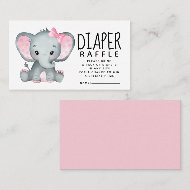 Tarjeta De Recepción Elefante rosa Baby Shower Diaper Raffle (Anverso / Reverso)