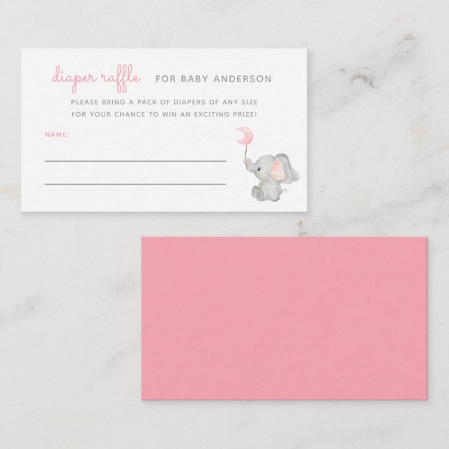 Tarjeta De Recepción Elefante rosa Baby Shower Diaper Raffle (Anverso / Reverso)