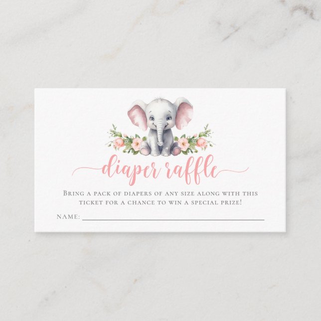 Tarjeta De Recepción Elefante Rosa Bebé Chica Ducha Diaper Raffle (Anverso)