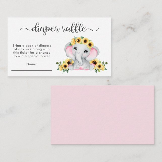 Tarjeta De Recepción Elefante rosa girasol Diaper Raffle Baby Shower (Anverso / Reverso)