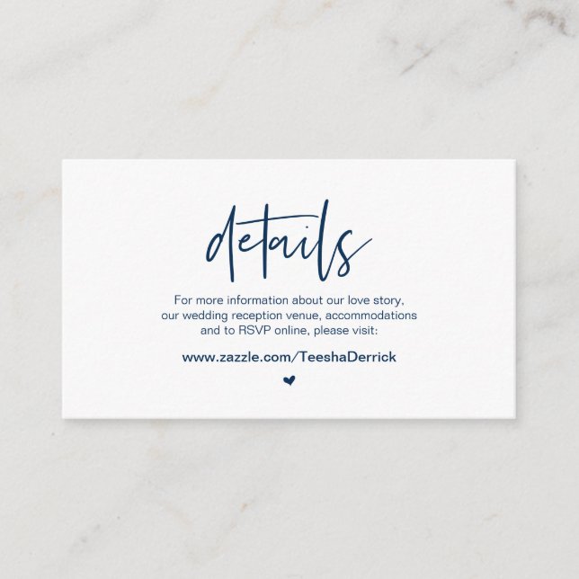 Tarjeta De Recepción Elegancia casual, azul marino, detalles Bodas (Anverso)