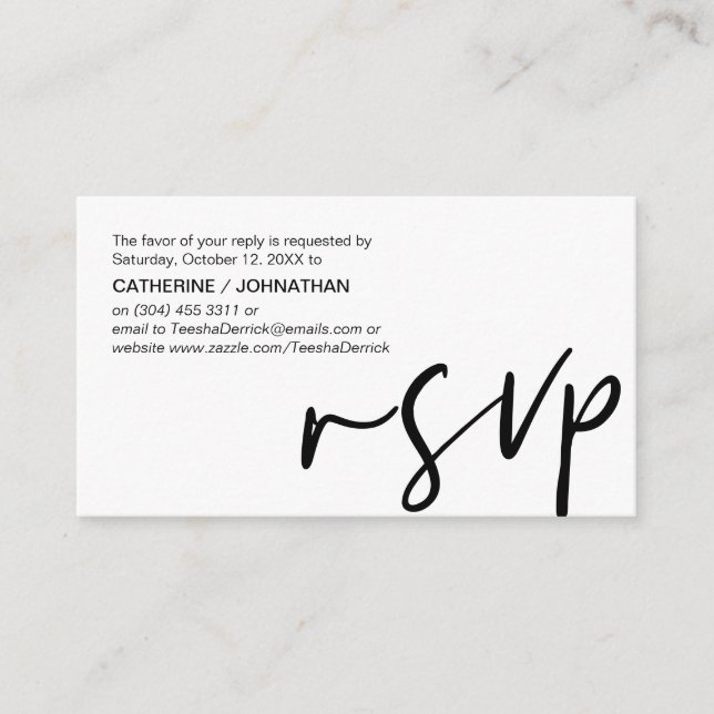 Tarjeta De Recepción Elegancia casual, escritura negra, respuesta RSVP (Anverso)