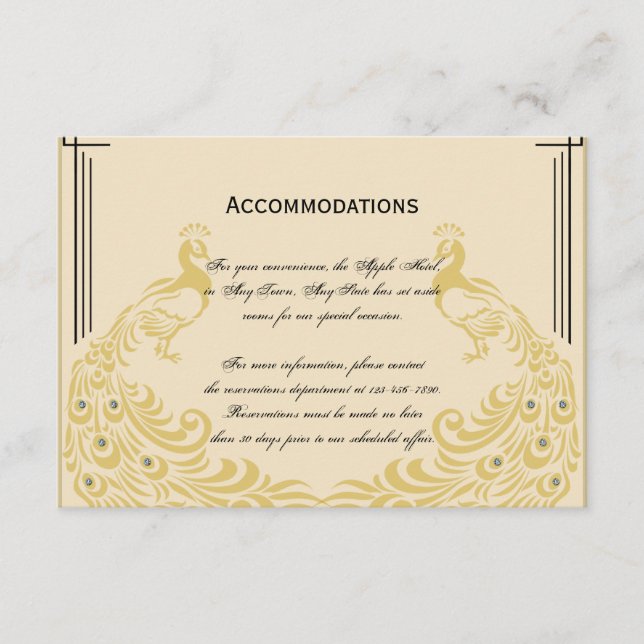 Tarjeta De Recepción Elegancia pavo real con Boda Art Deco (Anverso)