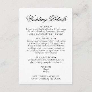 Tarjeta De Recepción Elegancia simple Detalles de Boda blanco y negro