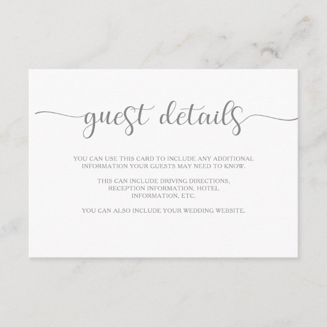 Tarjeta De Recepción Elegancia simple | Detalles del invitado gris y bl (Anverso)