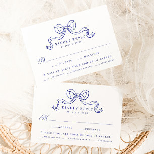 Tarjeta De Recepción Elegancia Vintage RSVP Comida de Boda con Lazo Azu