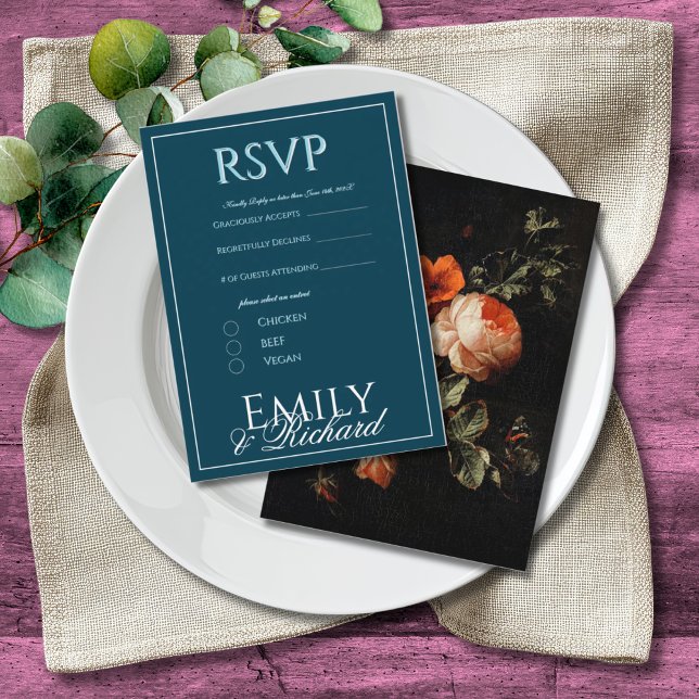 Tarjeta De Recepción Elegant Antique Floral Wedding RSVP Meal Choices  (Subido por el creador)