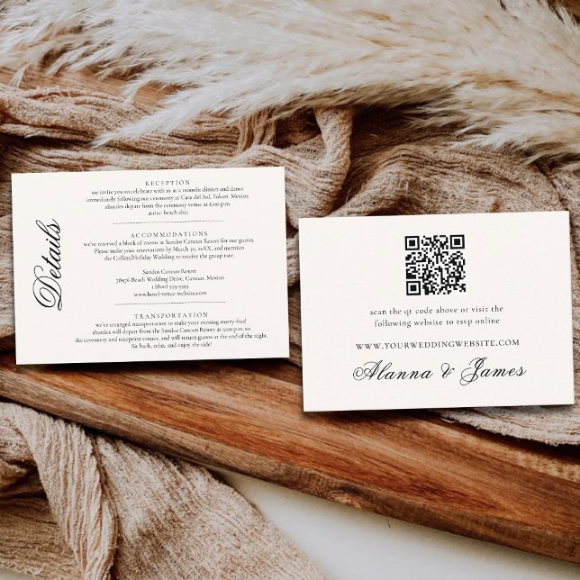 Tarjeta De Recepción Elegant Black and White Wedding Details & QR RSVP  (Subido por el creador)