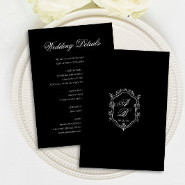 Tarjeta De Recepción Elegant Black Floral Crest Monogram Script Wedding