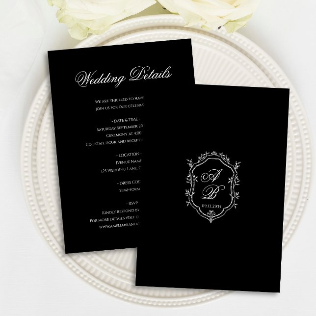 Tarjeta De Recepción Elegant Black Floral Crest Monogram Script Wedding (Subido por el creador)