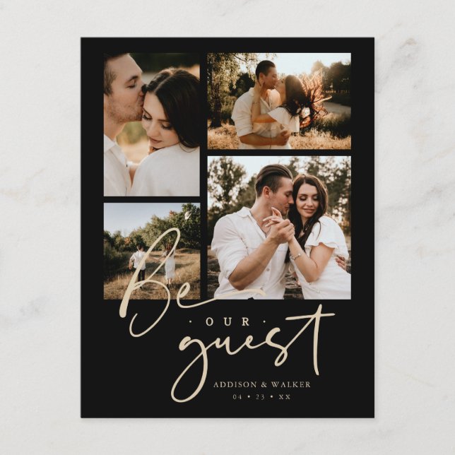 Tarjeta De Recepción Elegant Black Gold Trendy Collage Wedding 4-Photo (Anverso)