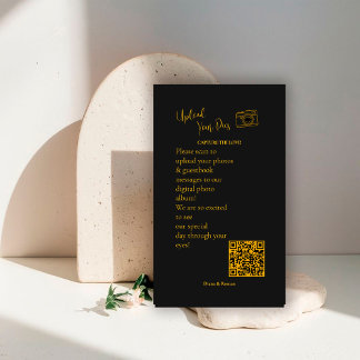 Tarjeta De Recepción Elegant Black Gold Wedding Photo Sharing QR Code  