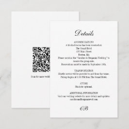 Tarjeta De Recepción Elegant Black White Script Monogram QR Wedding