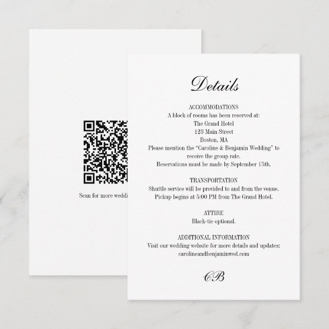 Tarjeta De Recepción Elegant Black White Script Monogram QR Wedding (Anverso / Reverso)