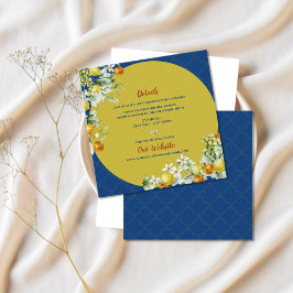 Tarjeta De Recepción Elegant Blue Floral Gold Citrus Wedding Details