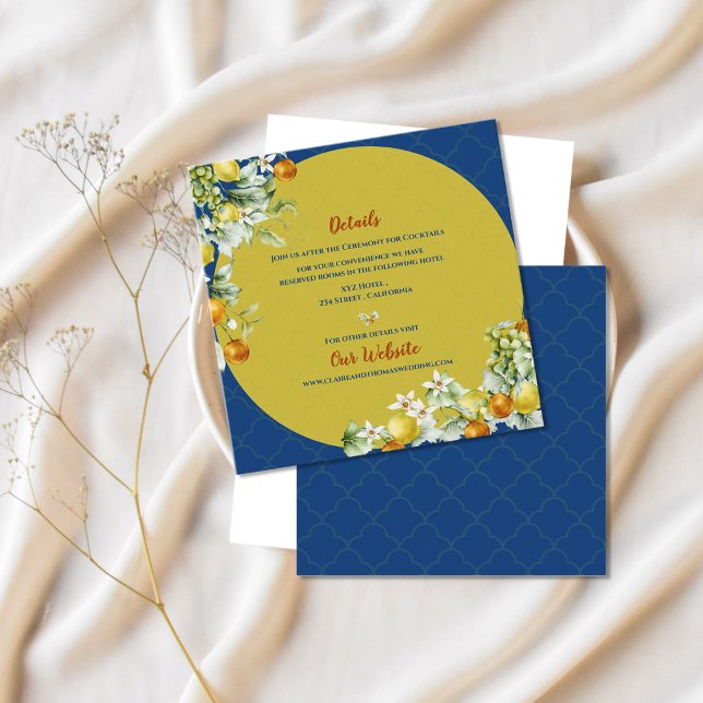 Tarjeta De Recepción Elegant Blue Floral Gold Citrus Wedding Details (Elegant Blue Floral Gold Citrus Wedding Details Enclosure Card)